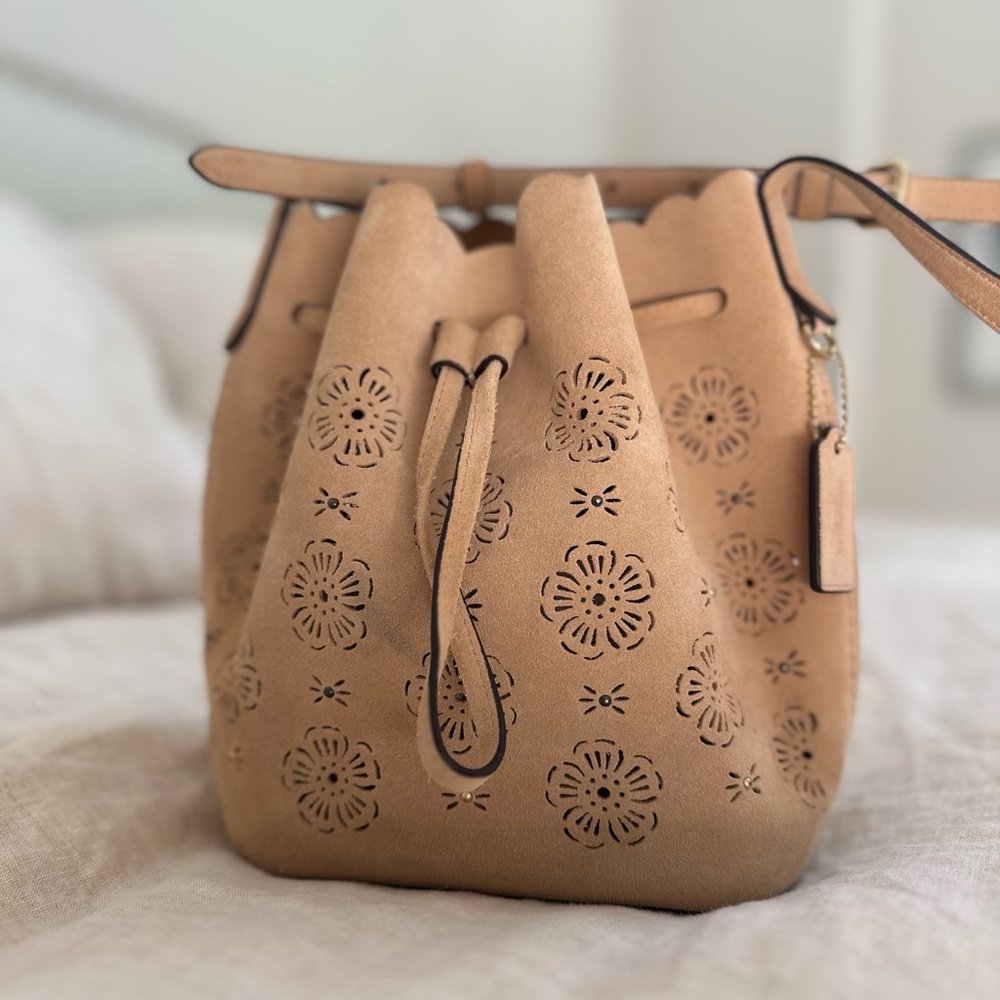 Coach Shoulder Bucket Bag with Cut Out Tea Rose